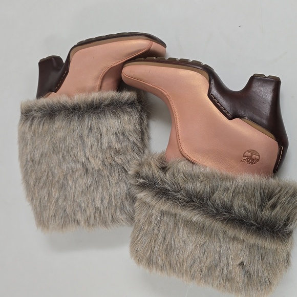 Timberland Iridescent Peach Leather Faux Fur Trim Wedge Winter Snow Boots - Picture 2 of 10